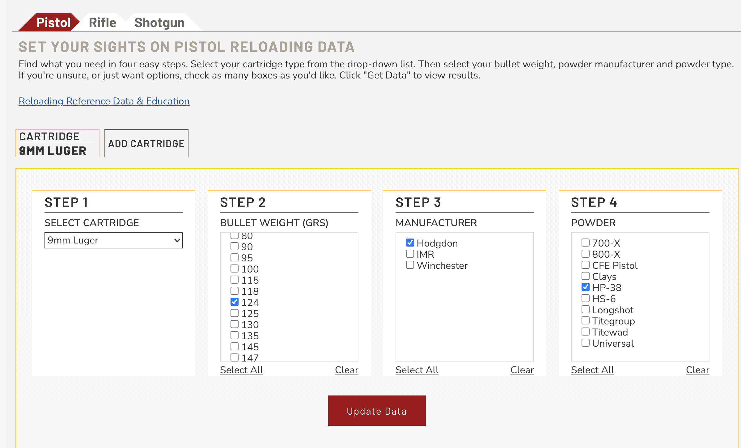 Hodgdon Reloading Data for HP-38 Pistol Powder